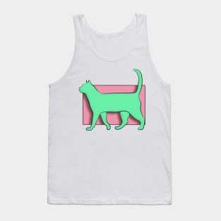 Green walking cat with pink background Tank Top
